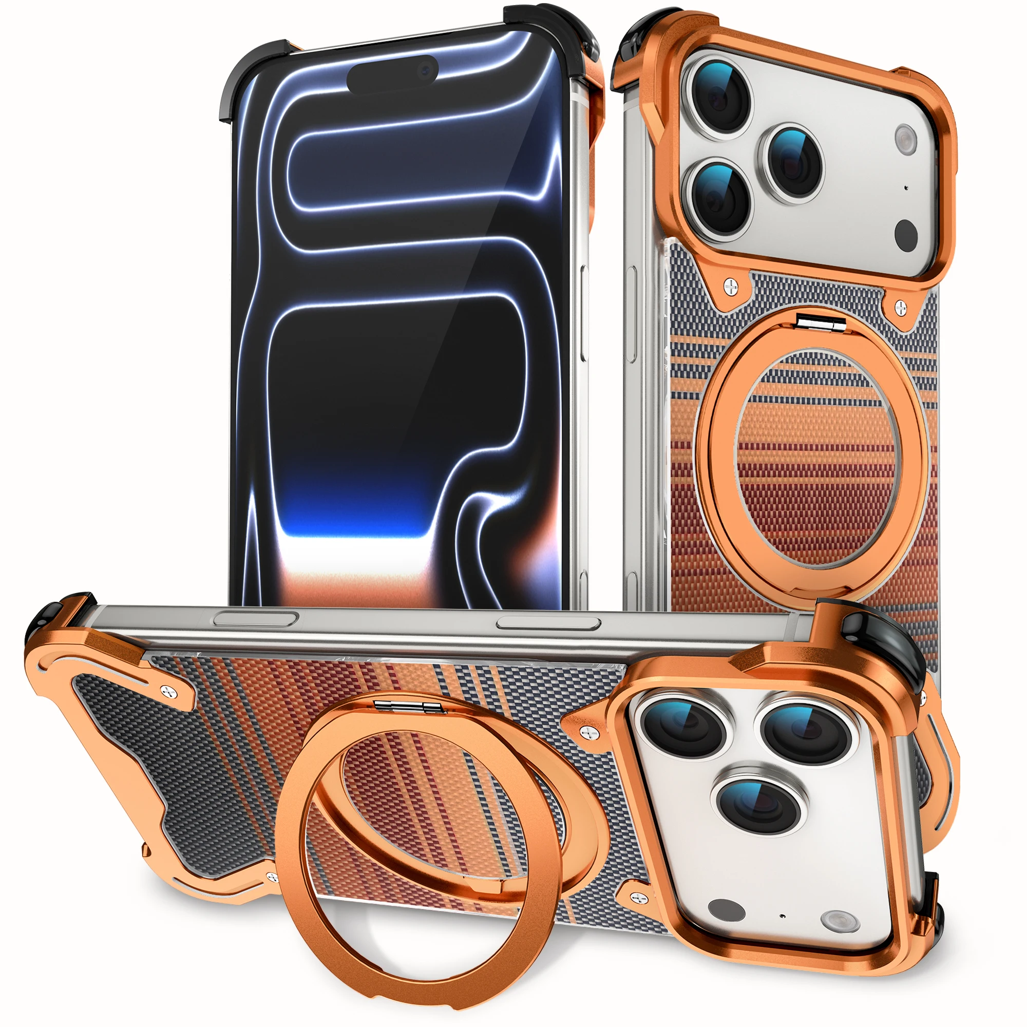 

360-degree Rotating Bracket Titanium Texture Borderless Phone Case for iPhone 17 Pro max 16 15 For Magsafe Shockproof Cover
