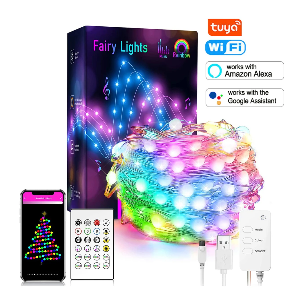 TuYa WiFi 50/100LED String Lights RGB Music Sync Fairy Lamp Multiple Modes Color Lights Waterproof Ball Lamp With Alexa Google