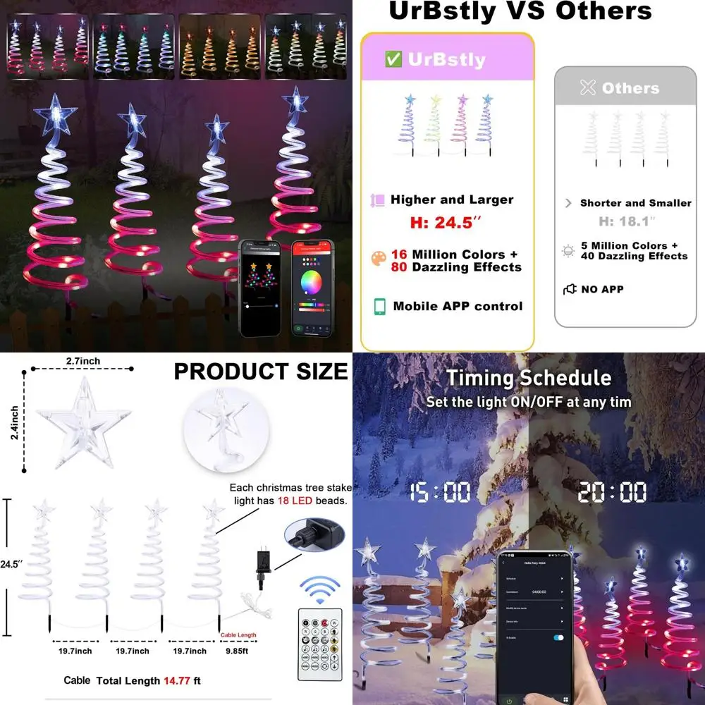

4-Piece Multicolor Smart Spiral Christmas Lights - Outdoor Waterproof LED Pathway Trees with App & Remote Control, DIY Timer