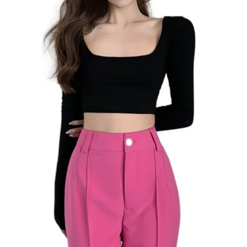 Women's Basic Long Sleeve Square Neck Fitted Crop Top Tee Shirt Backless Go Out Tops