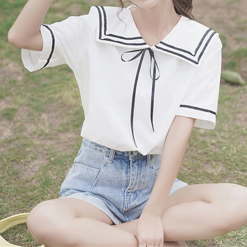 Korean College Sweet White T-Shirt Harajuku Sailor Collar Tops Fashion Japan Student Women Clothes Summer Solid Casual Pullovers