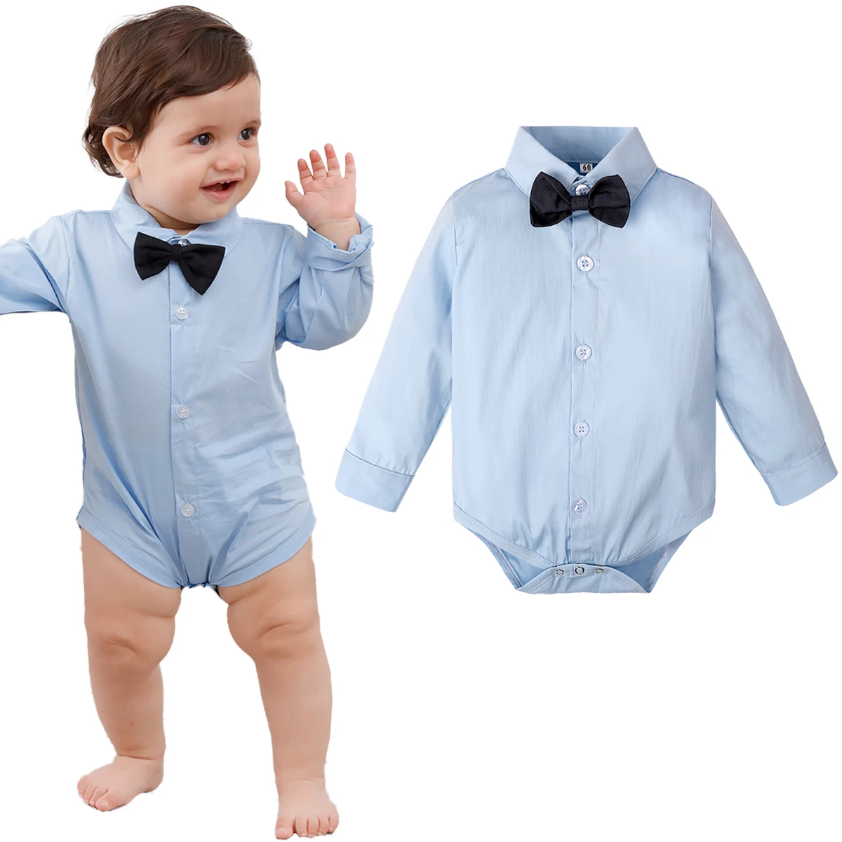 Baby Boy Dress Shirt Infant Button Down Bodysuit Easter Formal Short Sleeve One Piece Gentlemen Wedding Romper 3 to 18Mths Blue