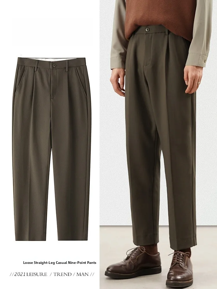 Men's Loose Fit Woolen Trousers Straight Leg Casual Pants Fashionable City Style mid Waist Belted Autumn Season Antibacterial