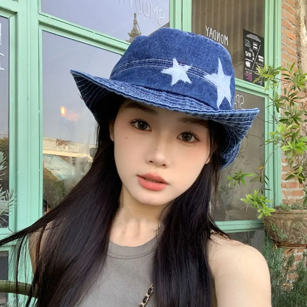 Kawaii الدنيم ستار صياد قبعة واسعة حافة Y2K في الهواء الطلق قبعة الشمس قابل للتعديل ظلة تسلق الجبال قبعة الفتيات
