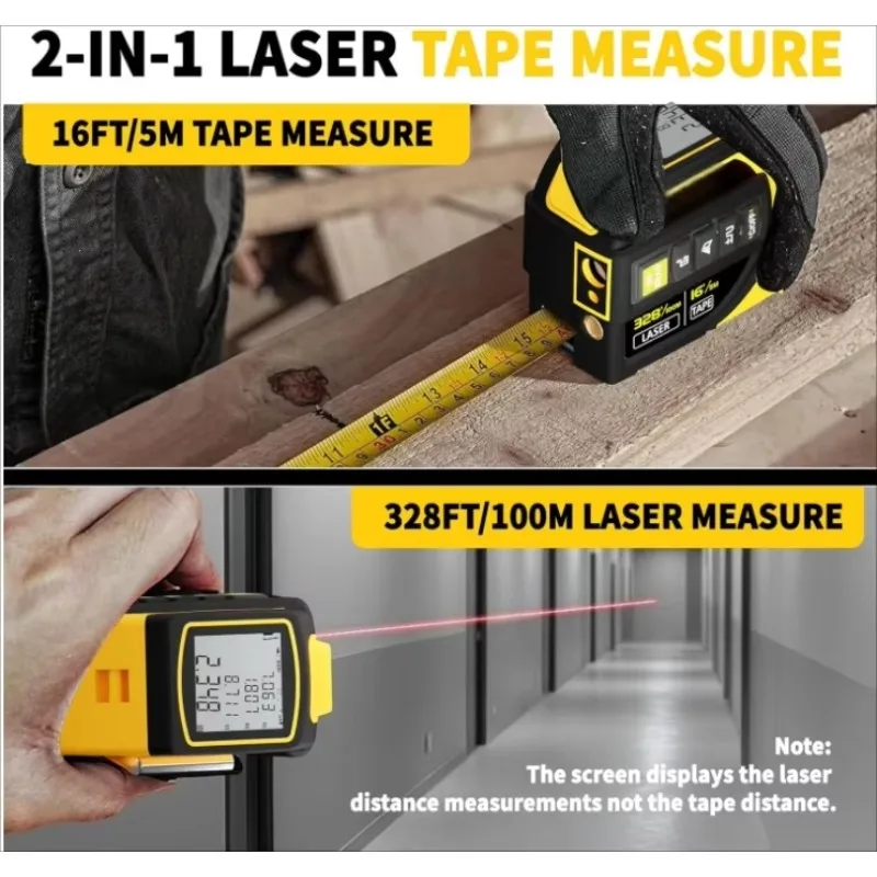 2-In-1 laser tape measure 328-foot rechargeable laser measuring tool and 16-foot tape measure with laser crosshairs