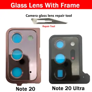 Bilashmart 2 Glass Lens With Frame Samsung Note 20 Ultra Back Camera Glass Lens Cover with Frame Holder Replacement Parts