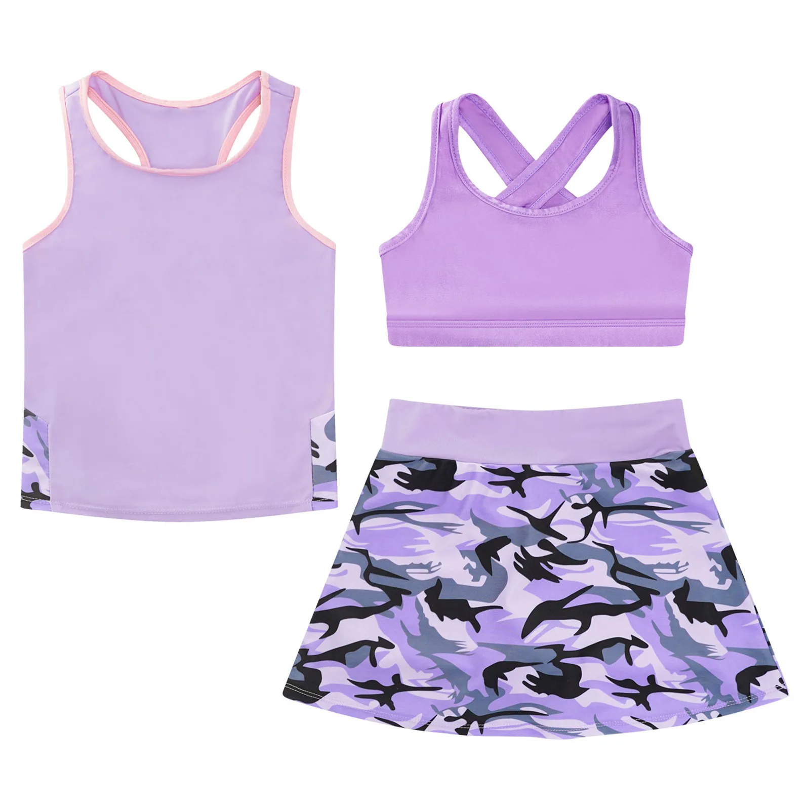 Kids Girls 3Pcs Sports Oufits Tracksuit for Children Crop Top Vest Printed Skirt Suits for Tennis Golf Running Workout Yoga Sets