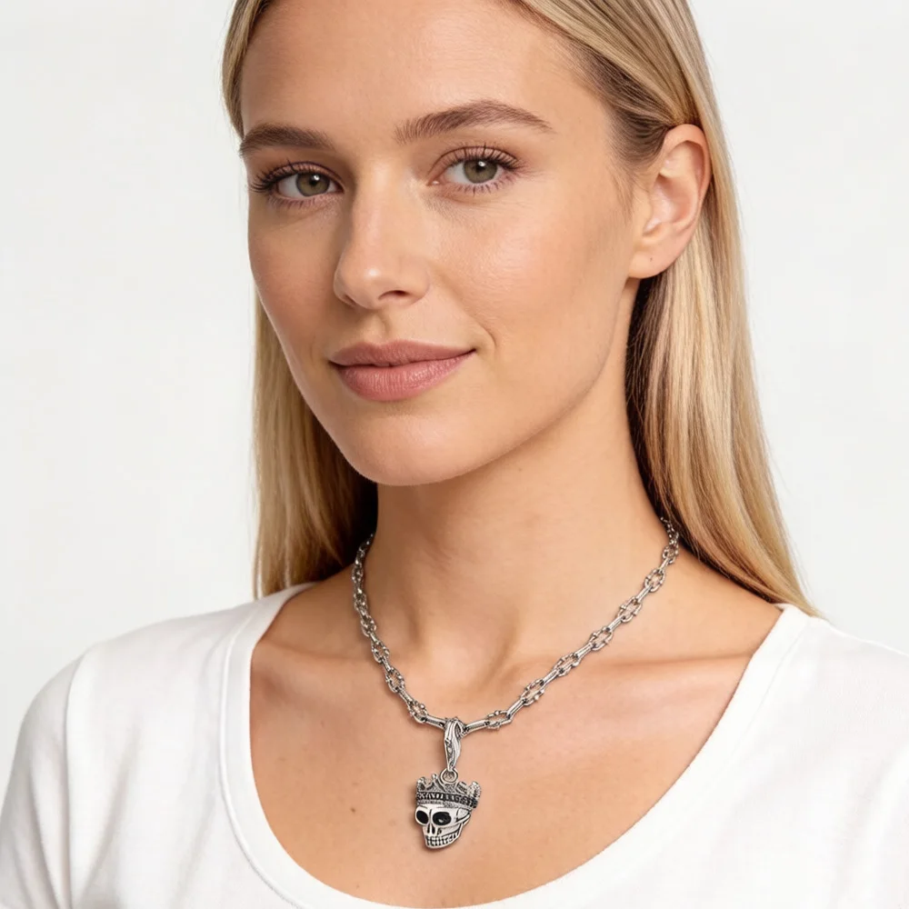 Unisex 925 Sterling Silver Skull King Charm Necklace