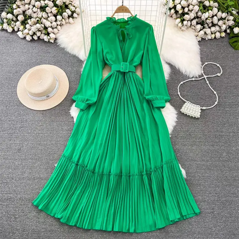 

Spring And Autumn Long Dress Celebrity Temperament Bubble Sleeve Standing Neck Slim A-Line Pleated Dress Elegant Vestidos Z3084