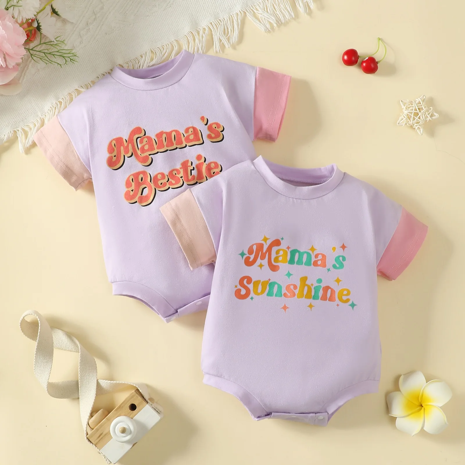 Summer 0-2T Baby Unisex Children's Crawling Clothes Color Printing Short Sleeve Round Necked Crawling Clothes Triangle Onesies