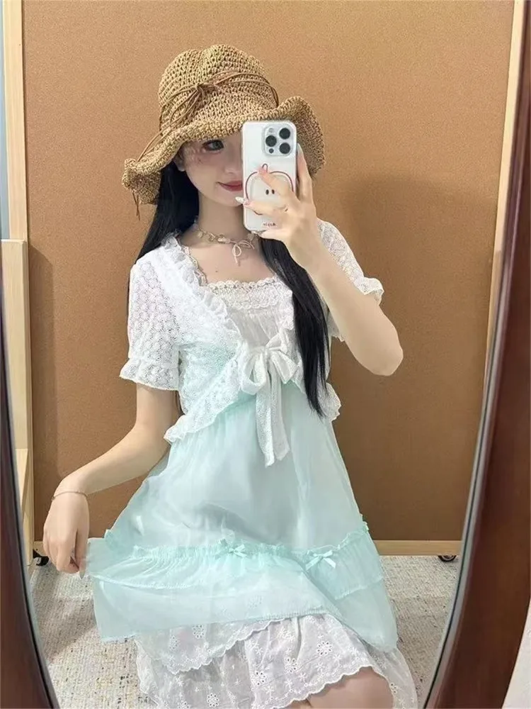 Japanese Kawaii Sweet Cute 2 Piece Set Women Short Lace Tops + Polka Dot Dress New Fit Chic Pink Fluffy Retro Suit Summer 2025 view 5