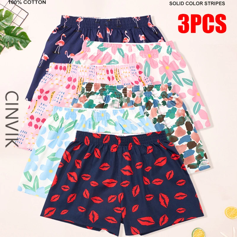 

Cinvik 3Pcs Print Shorts Women's Panties Fashion Wide Leg Underpants Underwear Female Pajamas Bottom Summer Oversize Shorts Sexy