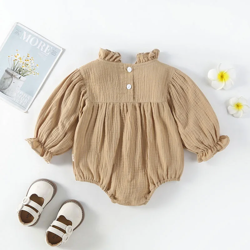 MILANCEL New Autumn Baby Clothes Ruffled Collar Bodysuit for Infant Girl\'s Small Floral Embroidery Puff Sleeve One Piece 0-2 Y