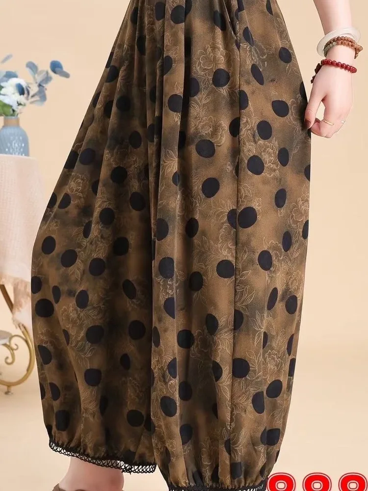 Verano 2025 pantalones sueltos de algodón y lino con lunares, pantalones de pierna ancha, cintura elástica artística, pantalones casuales Harlan con estampado Floral para ir al trabajo