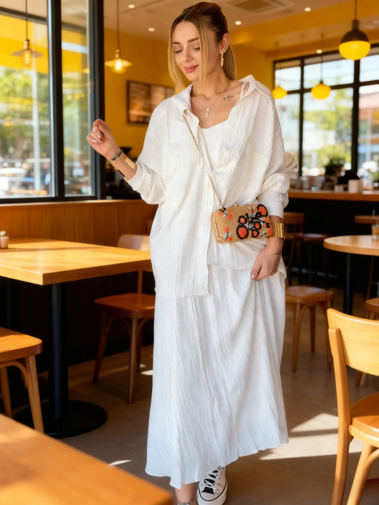 

Женская классическая рубашка, комплект из 2 предметов, мусульманская вечеринка, Рамадан, Дубай, Ид, белые скромные длинные платья без рукавов, Vestidos Largos, арабский халат