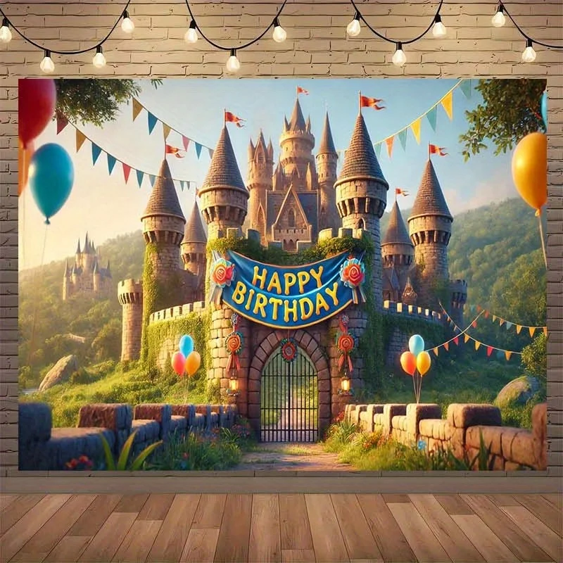 1 medieval castle Birthday Happy background, room, garden, photography studio prop - suitable for home decoration