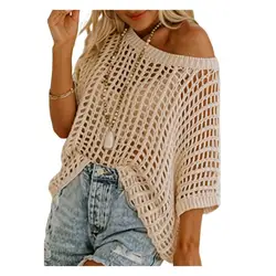 Casual Women Blouse Shirt Top Short Sleeve See-through Crochet Hollow Knit Sweater Top Solid Color Loose Women Blouse