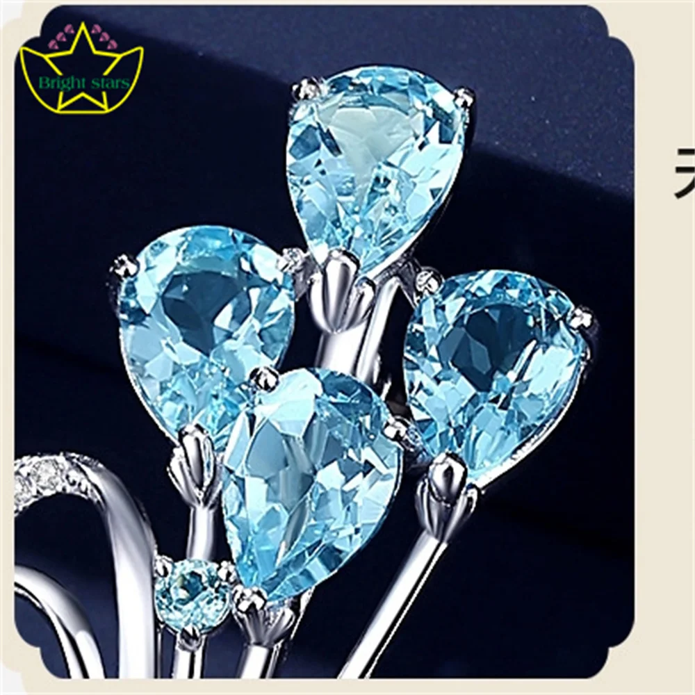 Bright Stars s925 Sterling silver Topaz Sky Blue Bouquet Brooch High-grade feminine Corsage pin Clothing accessories