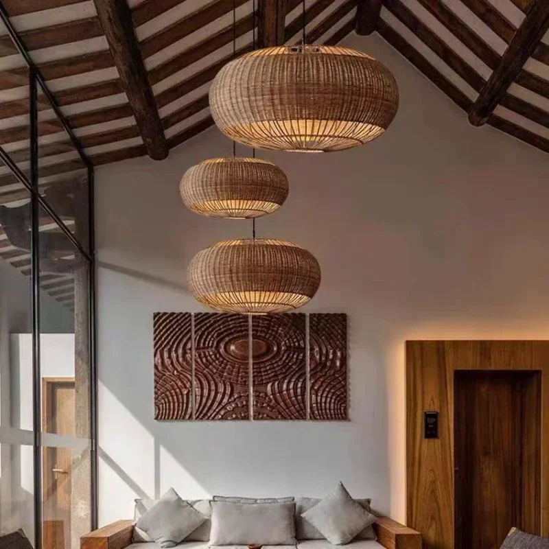 SANDYHA Japanese Retro Rattan Chandelier for Pendant Light Kitchen Living Room LED Lamp Bedroom Decoration Dining Table