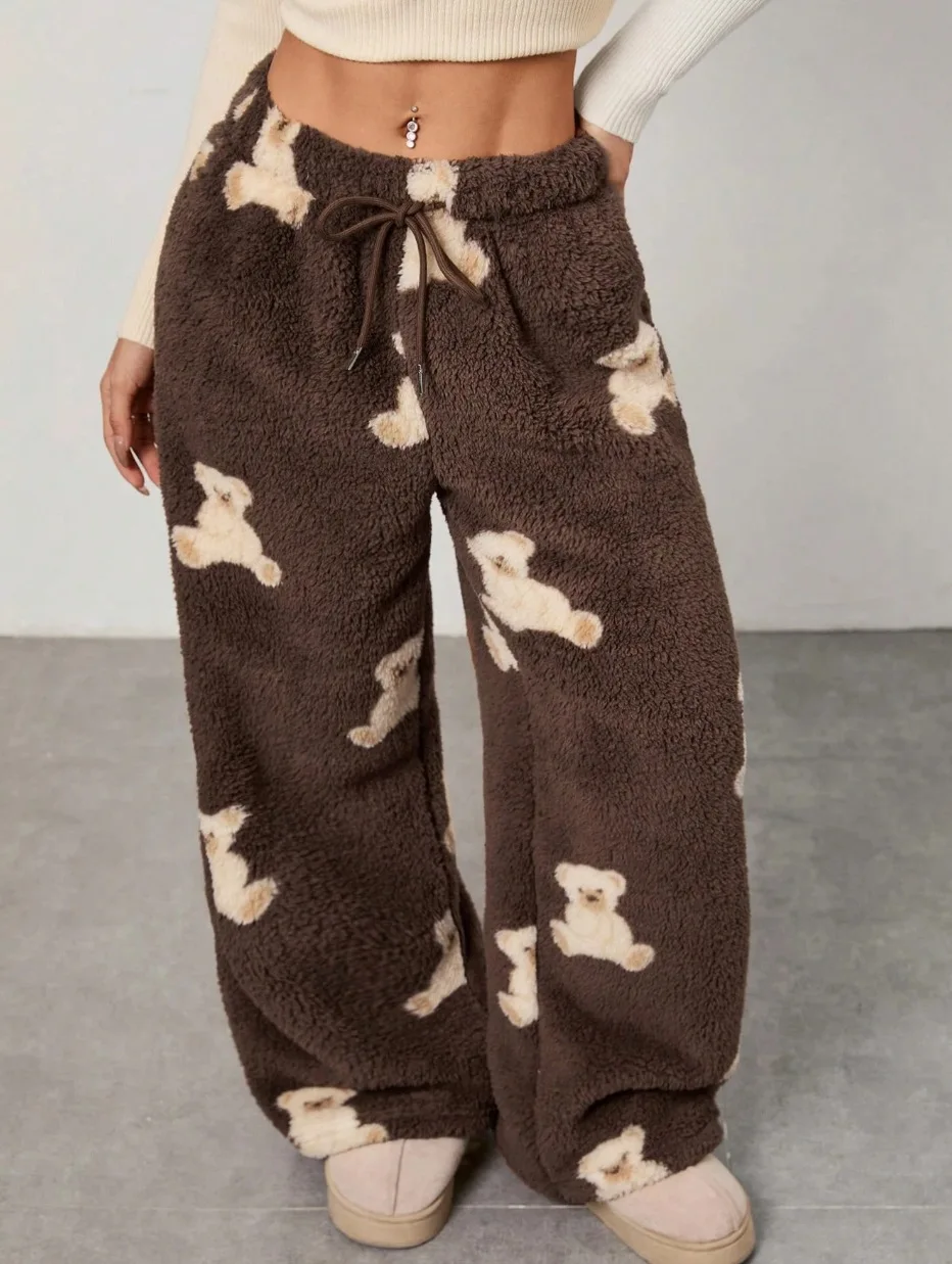 

2025 Women's Pajama Pants autumn leopard print loose plush pants -Loose Color Blocking Pajama Trousers Women Clothing