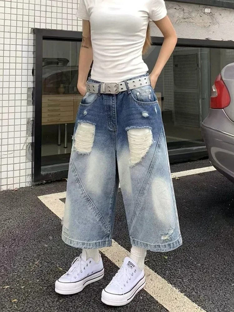 

American Style Washed High Waist Wide Leg Jeans Women's New High Street Design Gradient Color Hole Design Casual Trousers