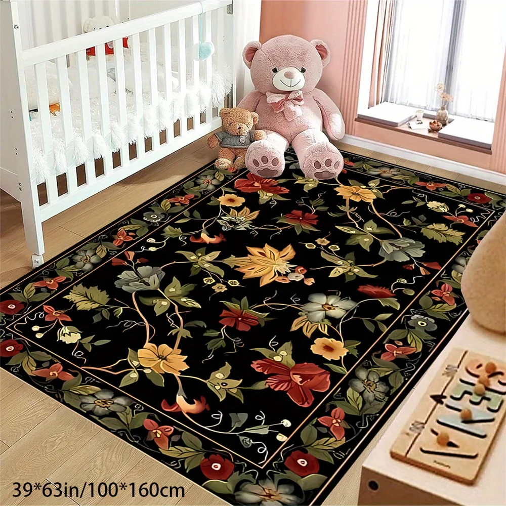 Black Floral Patterned Decorative Carpet Made of Crystal Velvet, Weighing 1.76 LB Per Square Meter, Featuring a Non-Slip Dotted