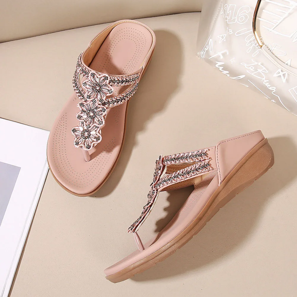 Wedges Flip-Flops Sandals With Beaded Flower Wear-Resistance Non-Slip Shoes For Women Daily Wear