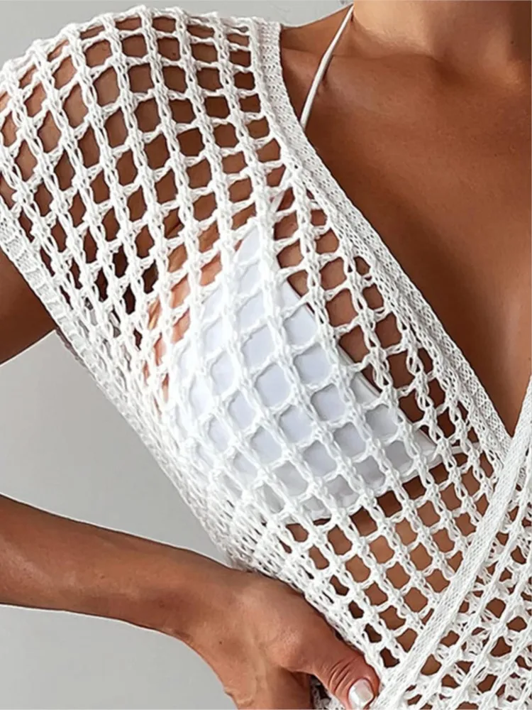 One Piece Knitted Cover Up Dress Women Swimsuit Side Robes Summer New Hollow Out Swimwear Sexy Mini Dress Bikini Cover Ups