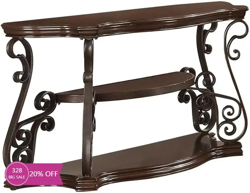 Ornate Sofa Table with Tempered Glass Top in Deep Merlot