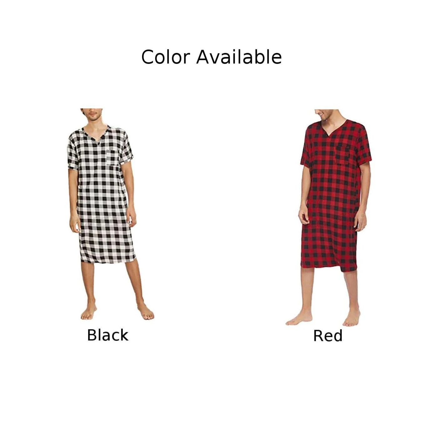 Mens Casual Loose Plaid Nightgown Sleepwear Lattice Short-sleeved V Neckline Nightwear Fashion Leisure Comfortable Homewear