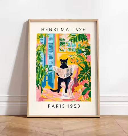 Black cat on toilet, Bathroom wall art, Matisse poster, Funny bathroom decor, Pink tropical decor