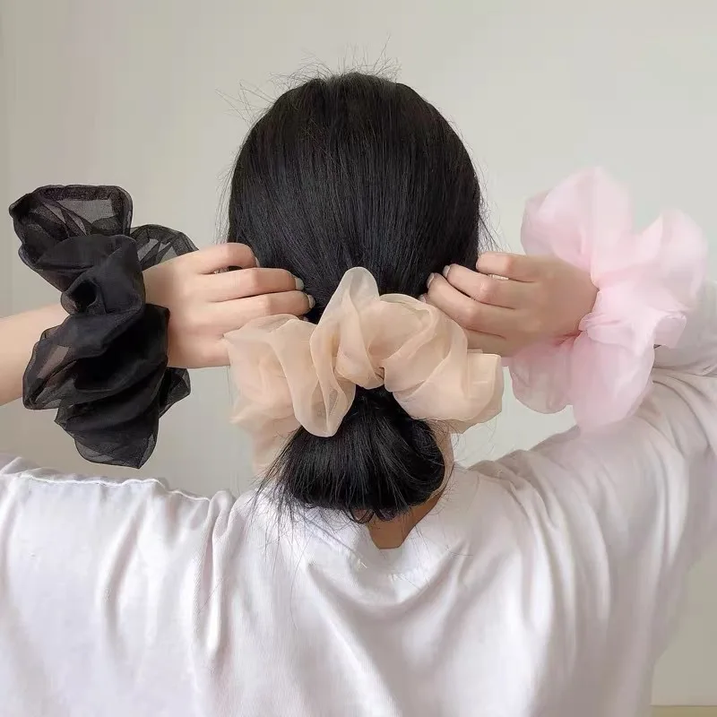 1 Stück Übergroßer Netz-Haargummi mit Blütenknospe und Glänzendem Organza-Haargummi für Damen – Detail 1