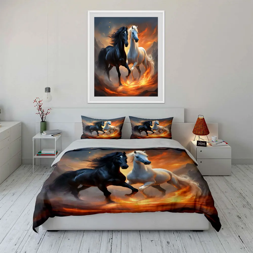 Galloping black and white horses with flames Print Soft Comfortable Duvet Cover Bedding Set Included 1*Duvet Cover 2*Pillowcases