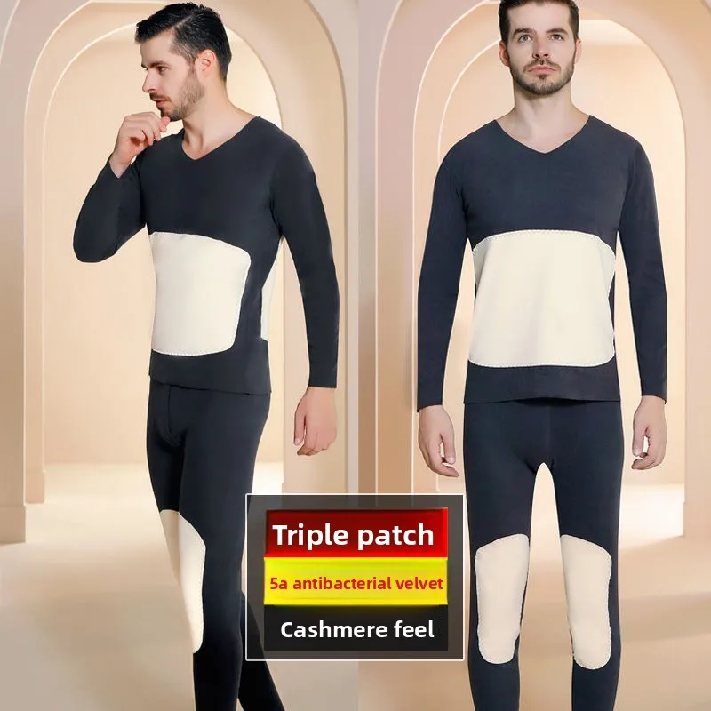 플리스 벨벳 가을 겨울 남성용 보온 내의 세트 롱존 벨벳 및 두꺼운 무릎 패드 자가 발열 따뜻한 잠옷