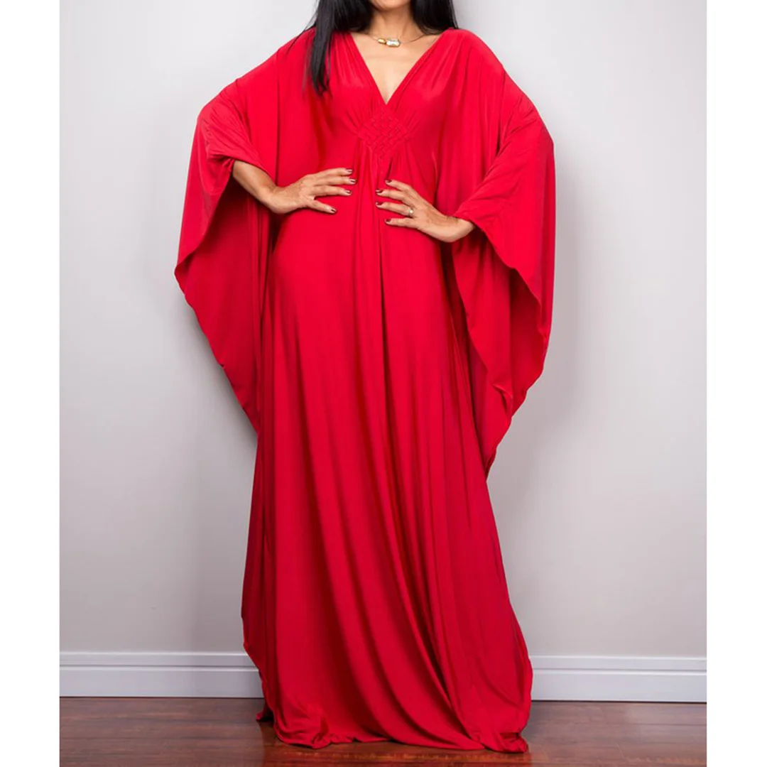 Langes Kleid im Stil einer griechischen Göttin, Tunika mit Fledermausärmeln, Strandkleid, Strandtuch, Strandmode, Kaftan, Maxikleid V4427 – Detail 29