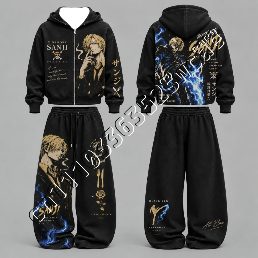 26/27 Neues One Piece Luffy & Zoro Zip-Up Hoodie-Set, Herbst-Winter, trendiges Unisex-Street-Fashion-2-Teiler-Outfit, passend für die ganze Familie – Detail 10
