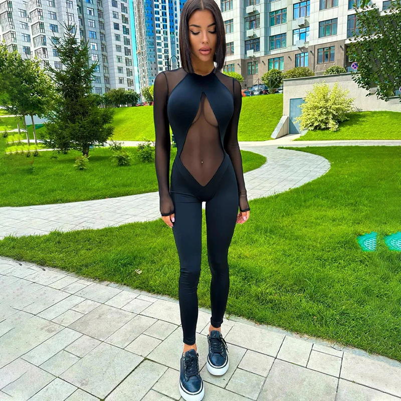 Bangniweigou Mesh Patchwork High Street Sporty Jogging Jumpsuit Full Sleeve Women Bodycon Overalls Black