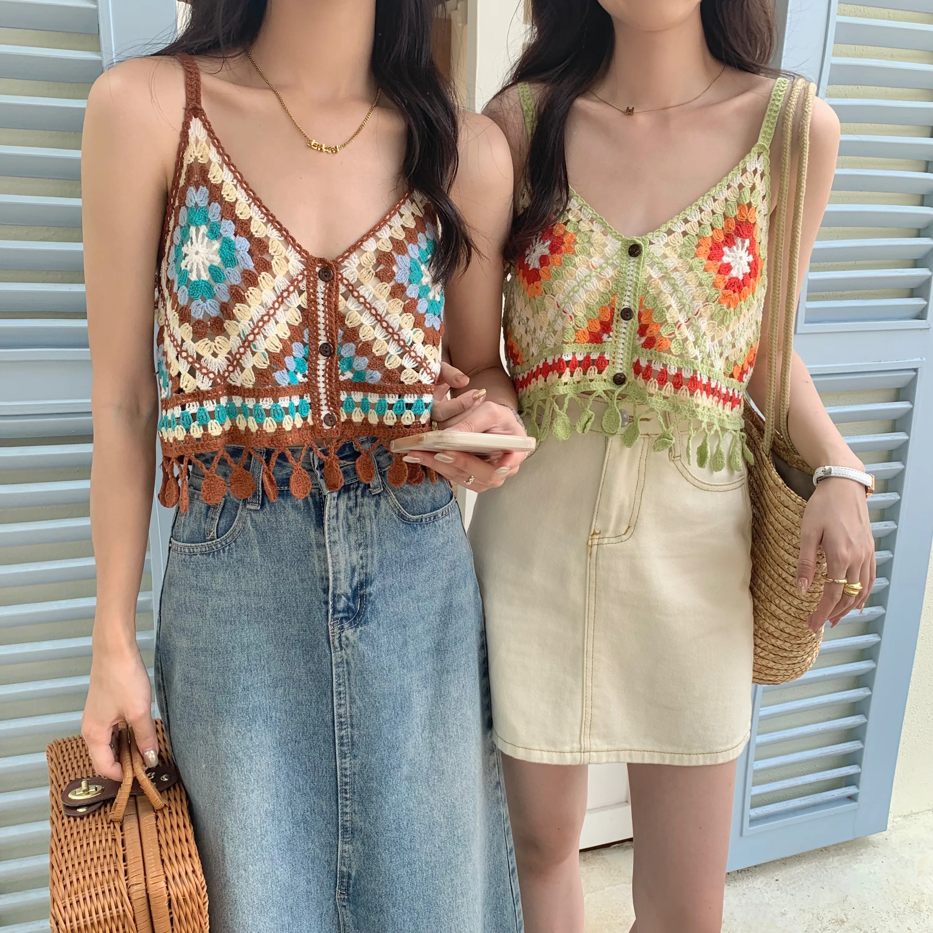 Colorful Patched Crochet Knit Cami Top Boho Tie Back Fringed Strap Crop Tank Top for Women Teengirl Summer Vacation Beach Wear