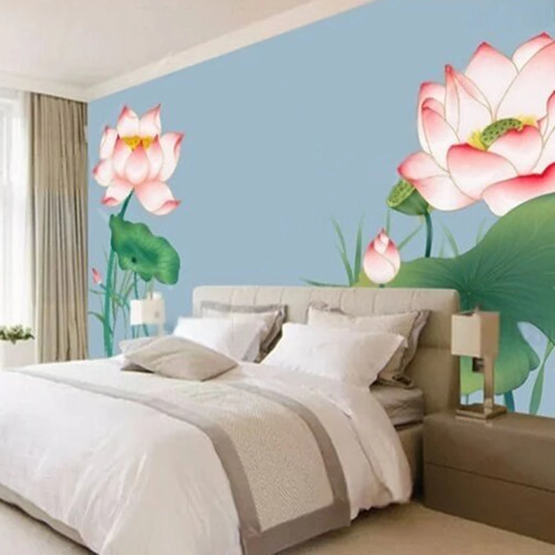 New Chinese-style elegant Zen-inspired lotus flower-themed meticulous hand-painted TV bedroom background wall paintings