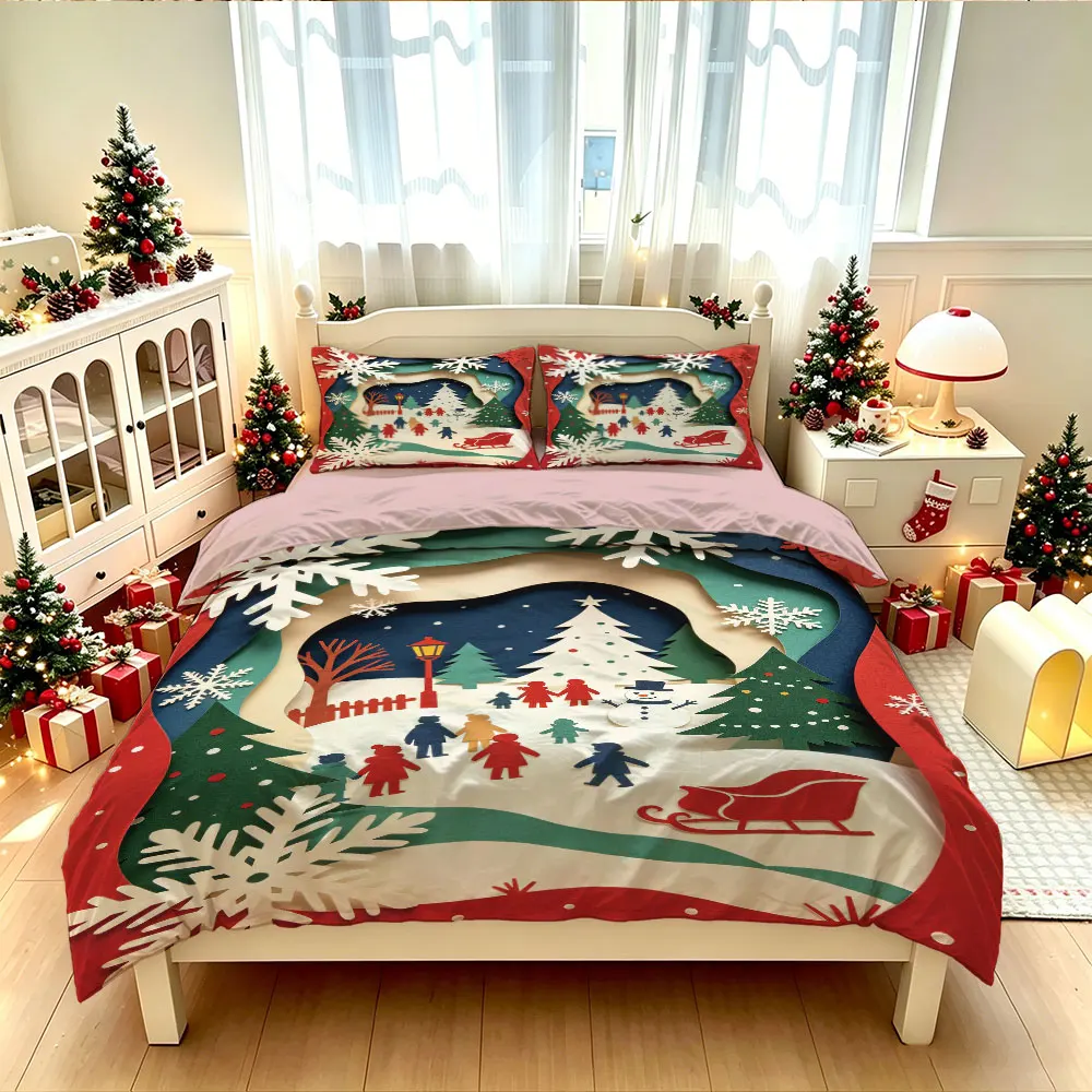 Christmas Duvet Cover Set 3Pcs 3D Paper Cut Winter Village Snow Print Soft Microfiber Bedding with Pillowcases