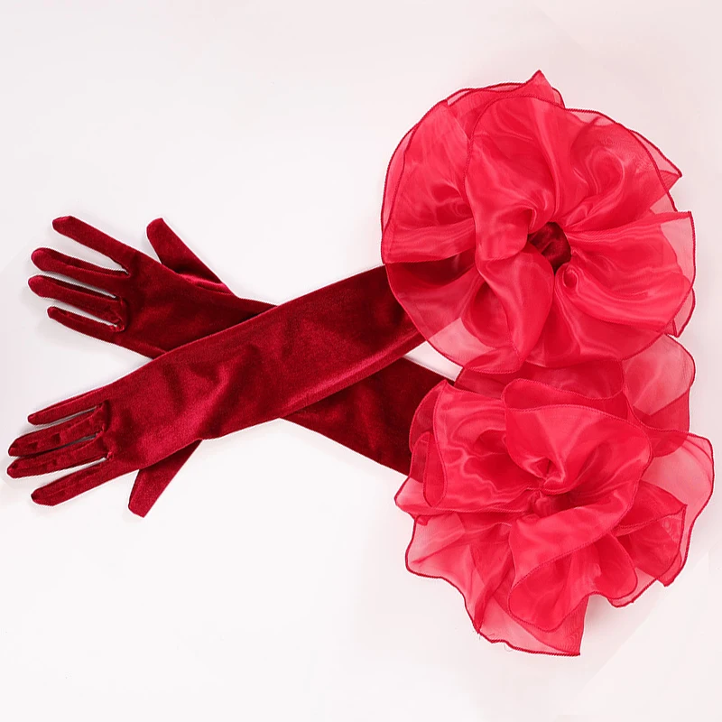 55cm Velvet Long Gloves For Women Oversize Organza Ruffles Solid Gloves Bridal Wedding Party Dress Etiquette Gloves Hand Sleeve