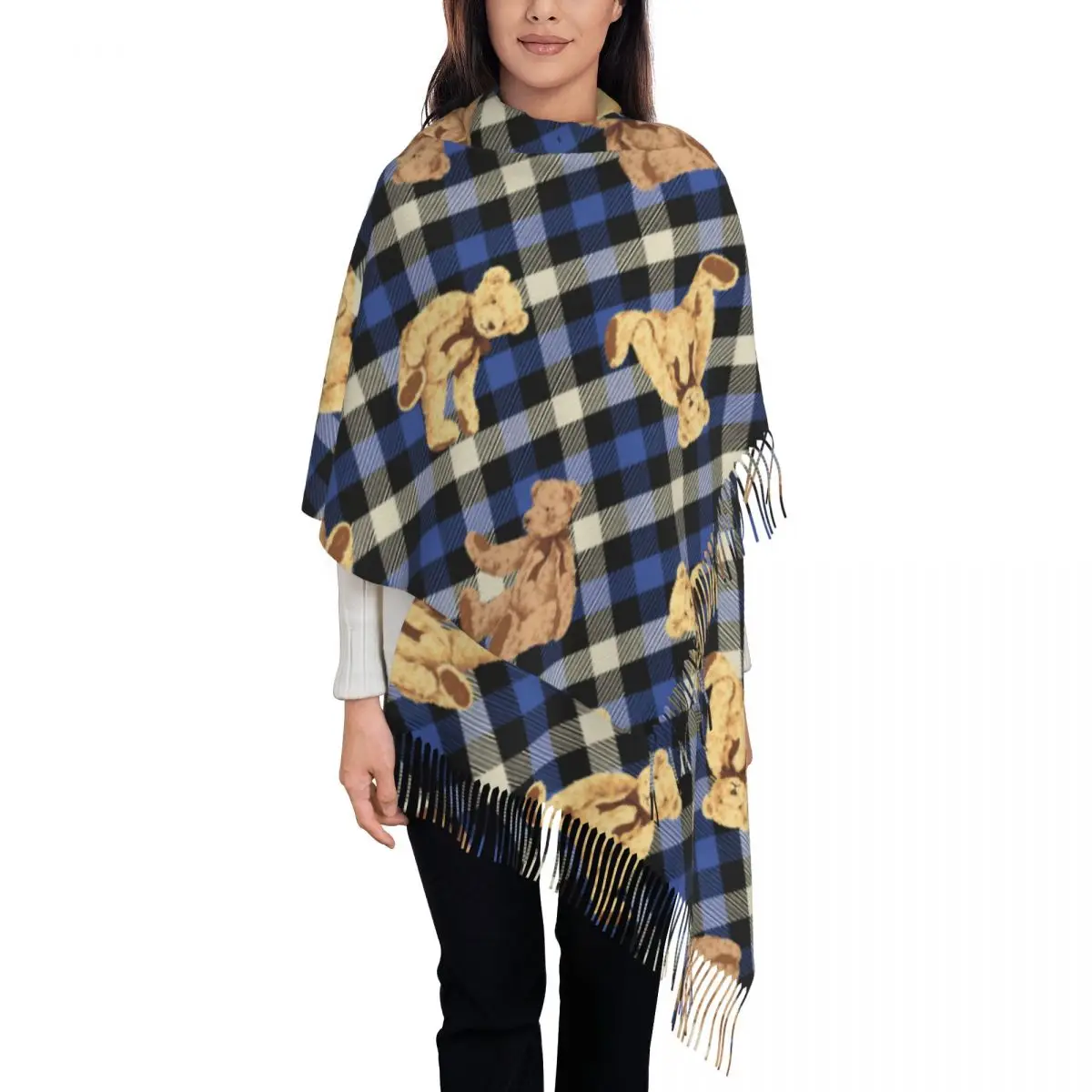 곰 스카프 레이디 격자 무늬 만화 다크 브라운 곰 스카프, 태슬 랩, 럭셔리 2024 숄 및 랩, 따뜻하고 부드러운 부판다 무제, 가을