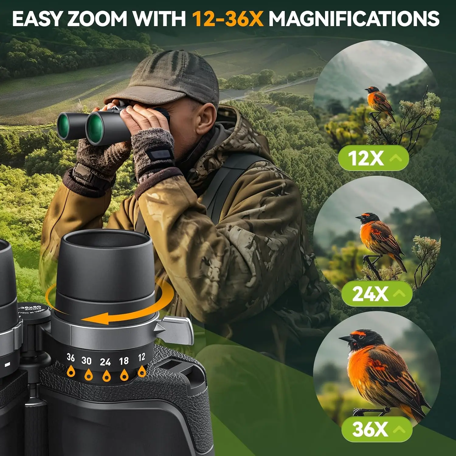12 36X50 High Powered Zoom Binoculars Adults HD Professional Large Vision Waterproof Low Light Bird Watching Travel Hunting Spor