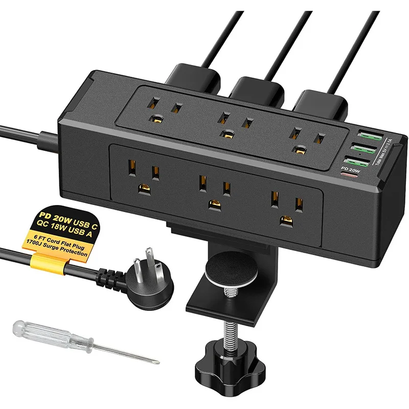 

Desk Outlet Station 20W 4 USB US Desk Socket. 9 Outlet Desktop Clamp Power Strip Surge Protector with Switch