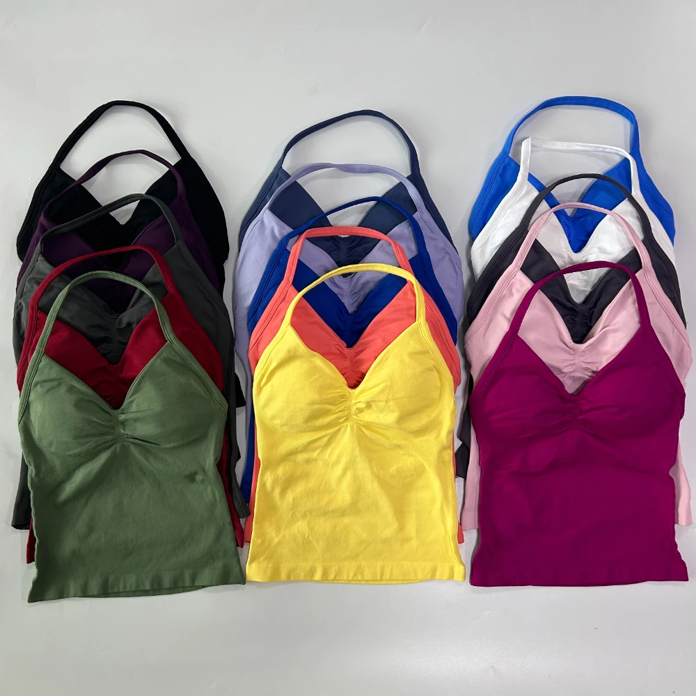 Pericic Longline Strappy Top Damen Nahtloses Yoga-Tanktop mit eingebautem BH, gerafftem Rücken, ärmelloses Shirt, Fitness-Oberteil – Detail 5