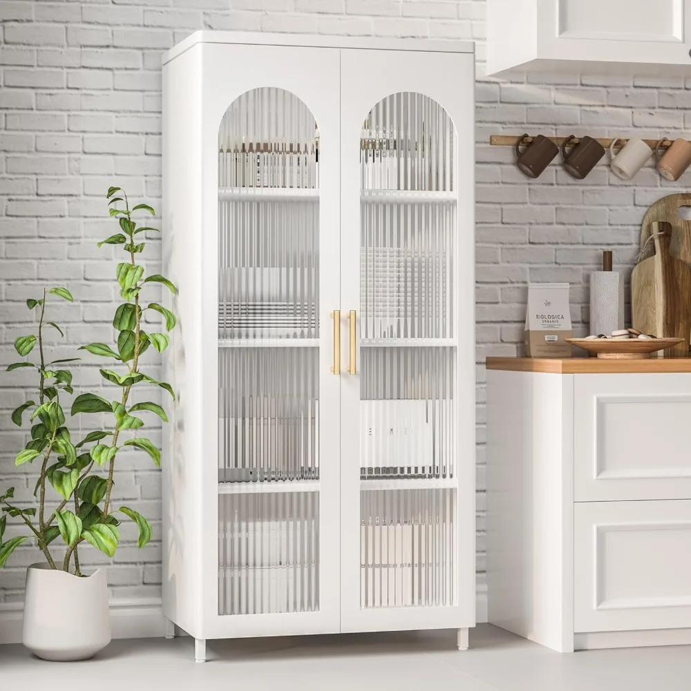 Kitchen Cabinet, Pantry Cabinet with 2 Glass Doors, Glass Curio Display Cabinets Utility Cabinets, Kitchen Cabinet