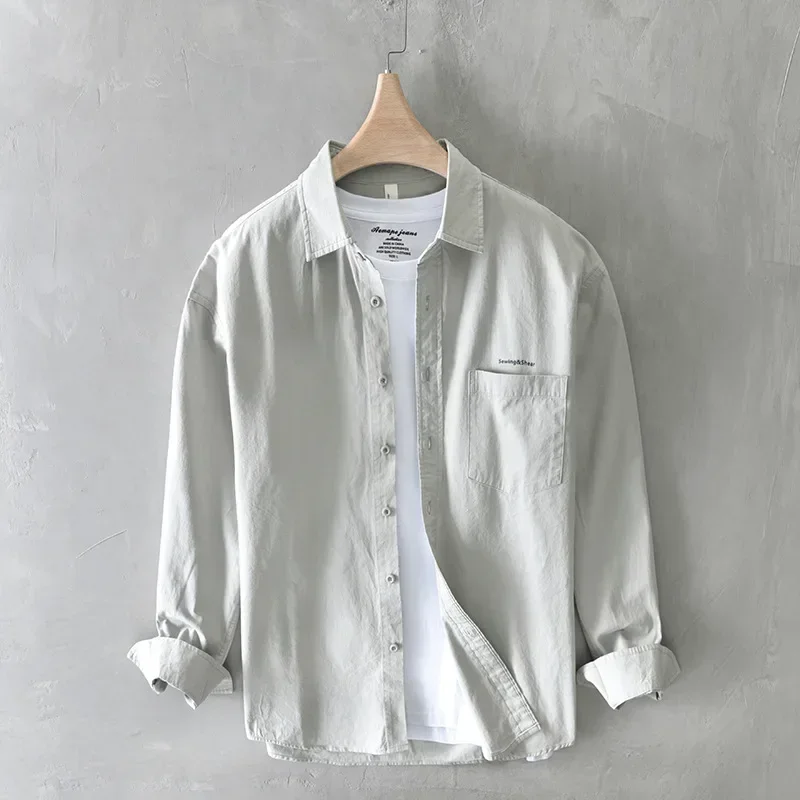

Японская винтажная рубашка-карго, мужские весенне-осенние повседневные свободные рубашки с лацканами и карманами, 100% хлопок, серые рубашки с длинными рукавами, мужские молодежные топы