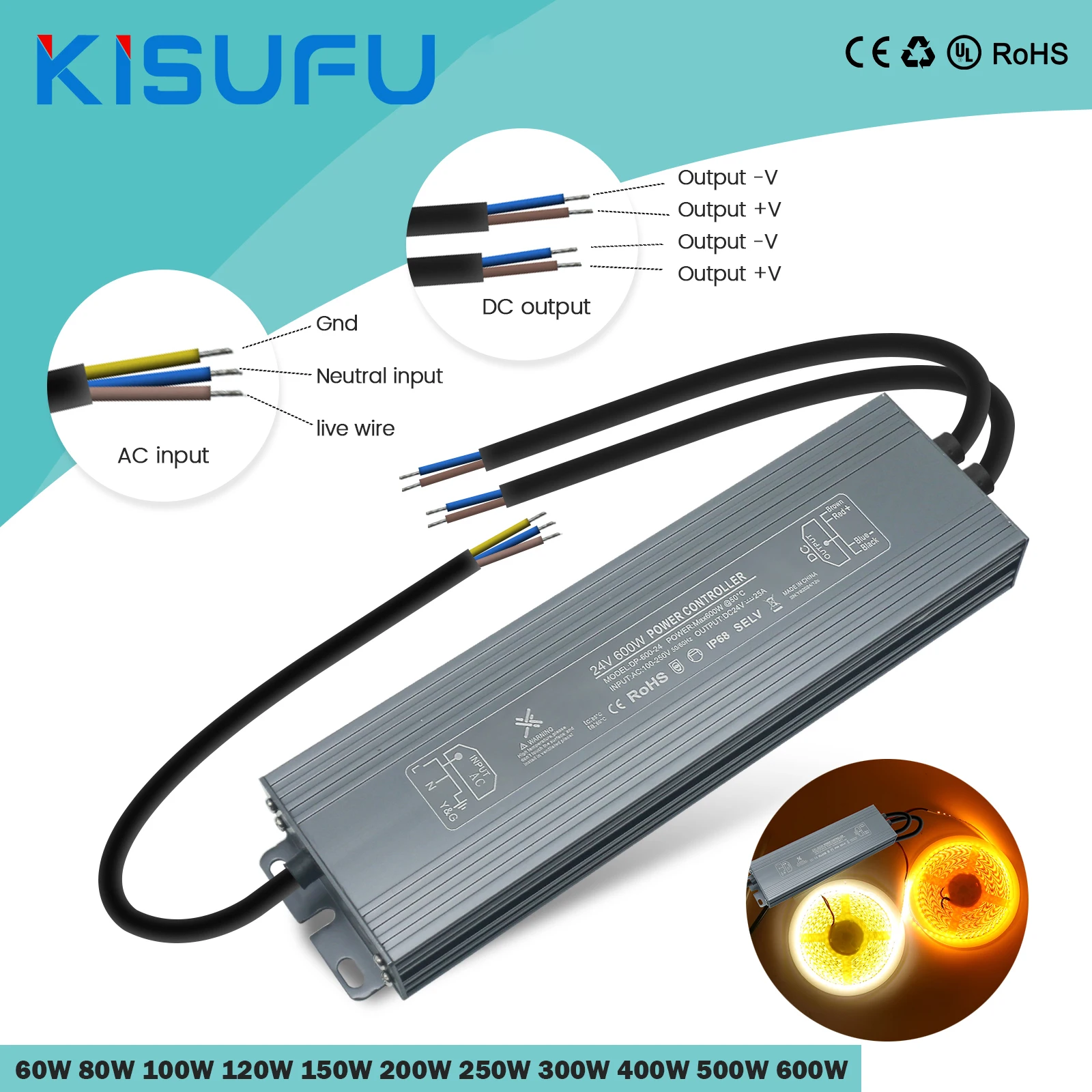 

IP67 Waterproof Power Supply AC110-250V to DC12V 24V LED Lighting Transformer Driver With Wire 60W 100W 200W 300W 400W 500W 600W