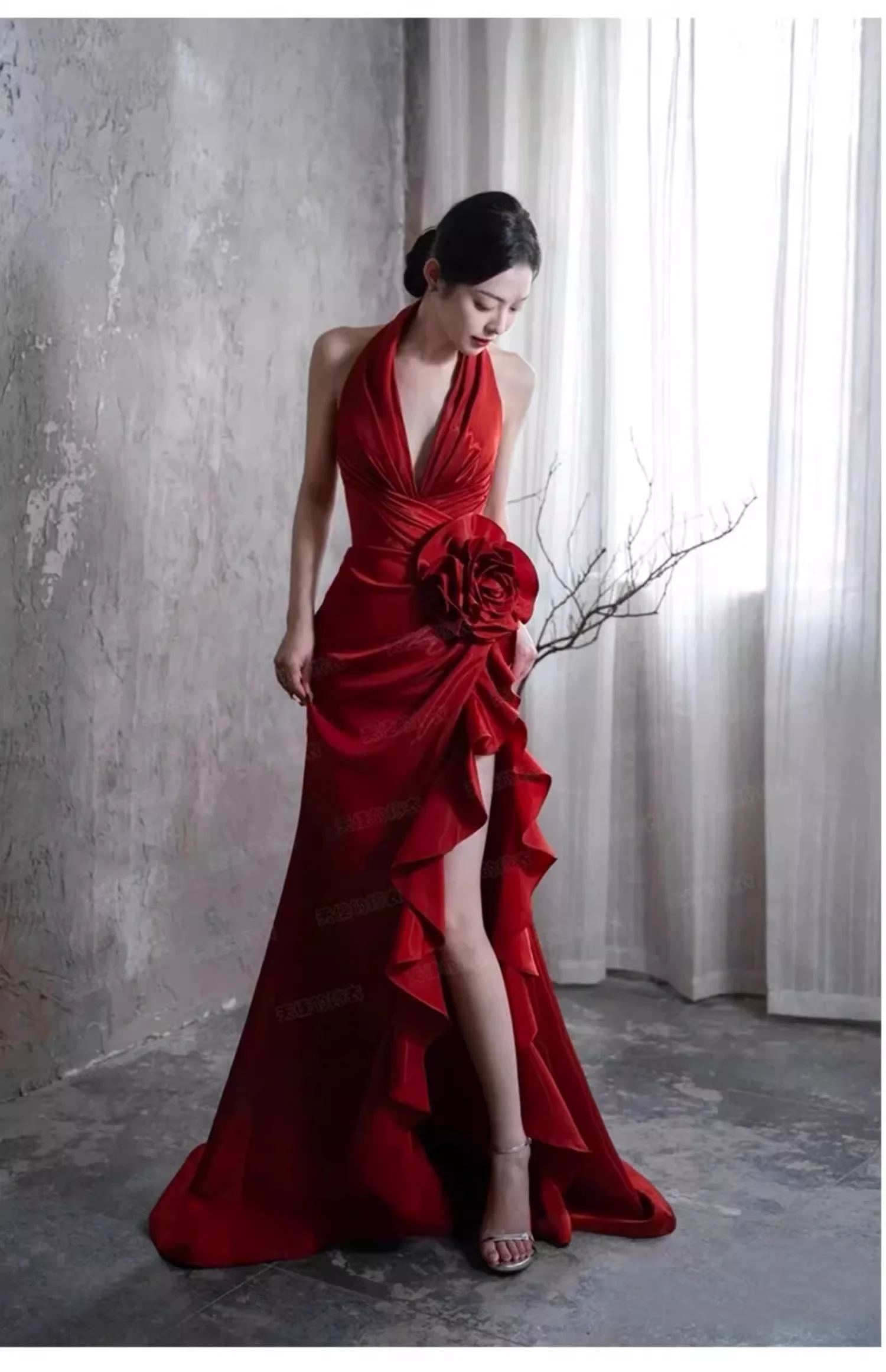 3XL Girl Birthday Elegant V-neck Romantic Backless Evening Dress Red Satin High Waist Split Irregular Trailing Fishtail Dresses