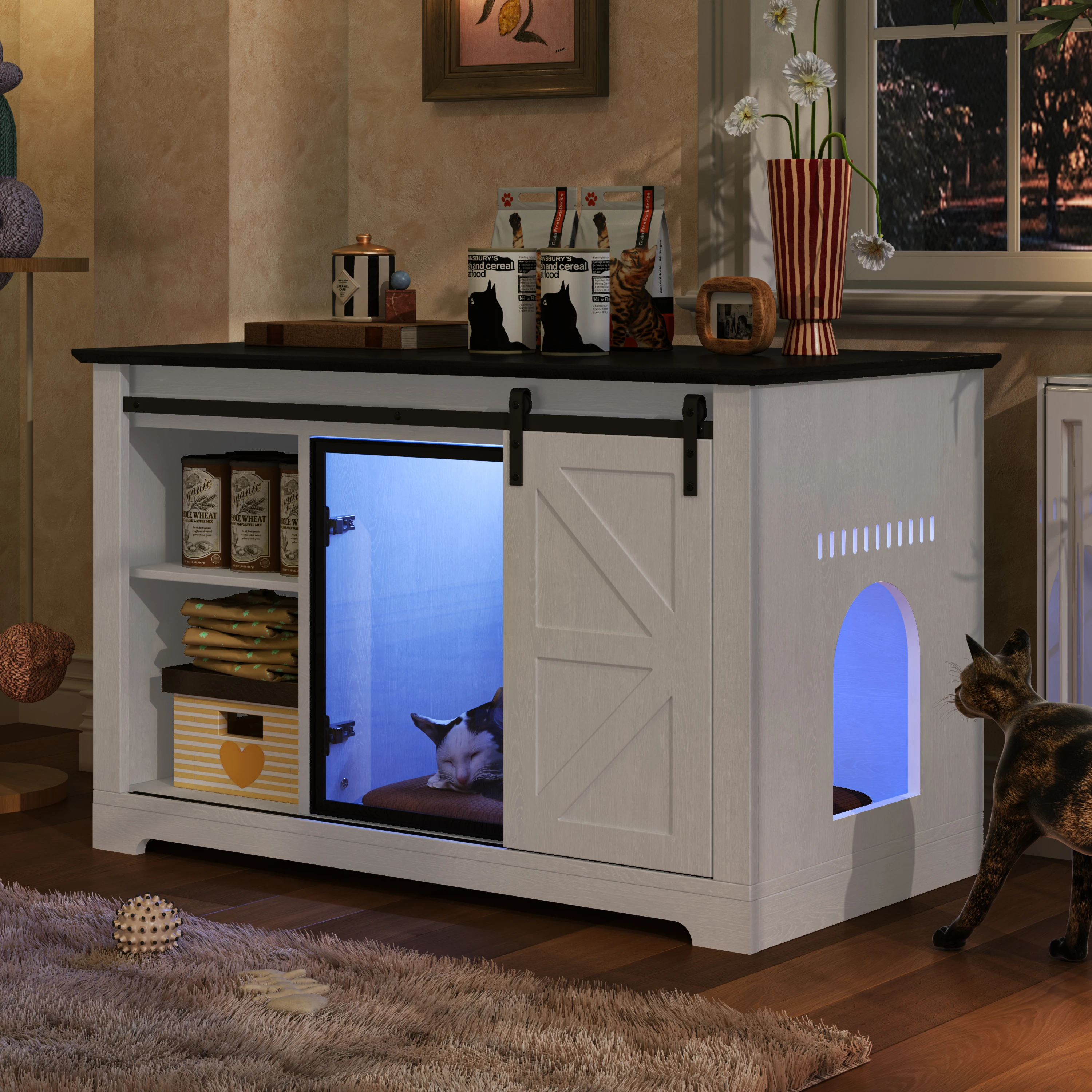 White Cat Litter Box Enclosure with Sliding Door, LED Light & Storage